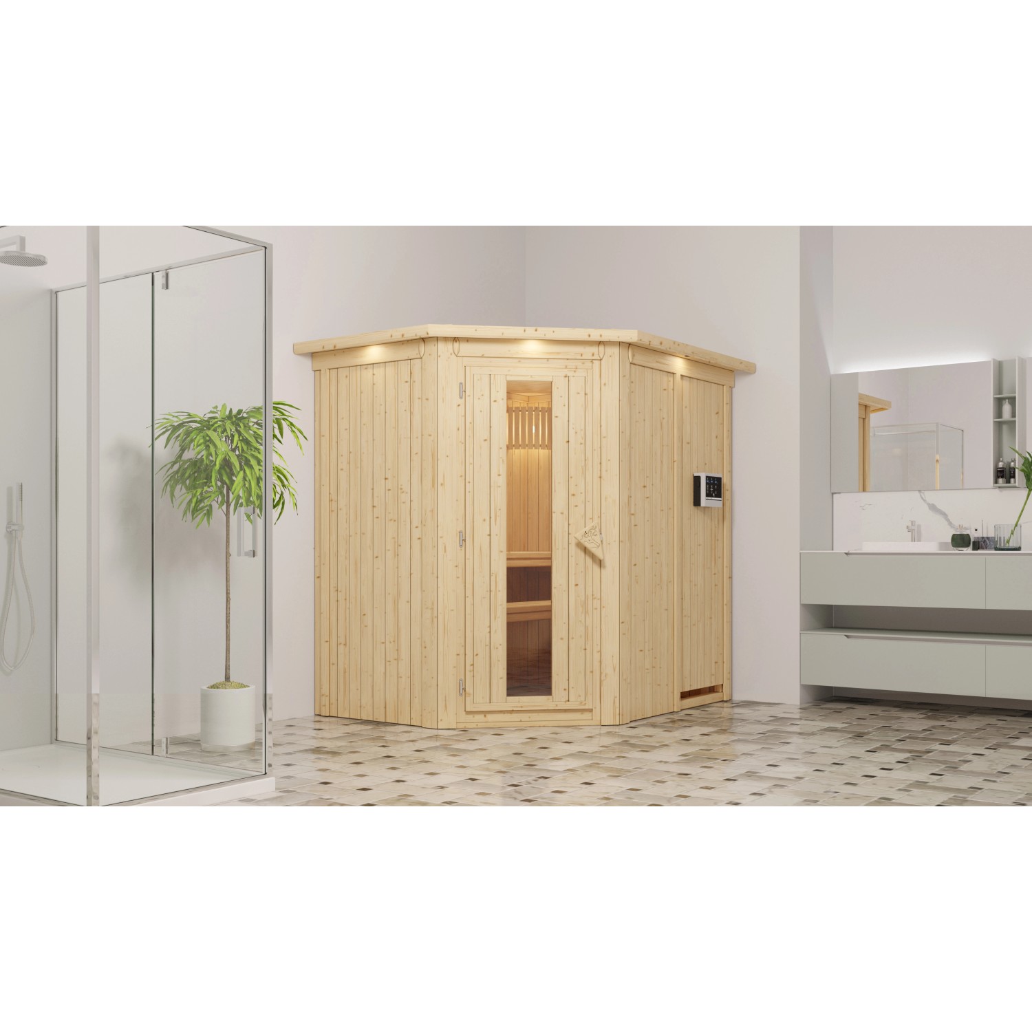 Karibu Sauna Silva mit Ofen externe Stg.Easy LED-Dachkranz Natur