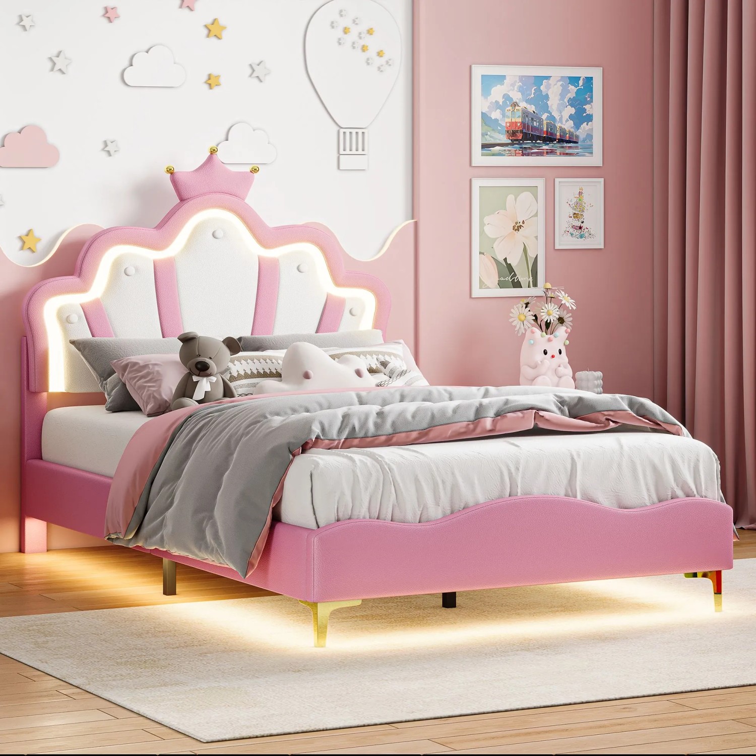 PXloue Kinderbett 90x190 cm RosaLED-Kinderbett mit Verstellbarem KopfteilPU-Polsterbett_7