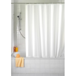 Weißer Wenko Duschvorhang aus PEVA, 240x180 cm, hängt an einer Duschstange über einer Badewanne.
