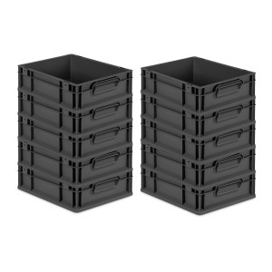 Sparset: 10 schwarze Euroboxen Nextgen Grip, 11 Liter, mit Griffen. Ideal zur Aufbewahrung und für den Transport.