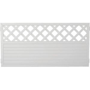 Weißes Kunststoffzaun-Element Ranki Lightline 180x90 cm mit Rankgitter als Sichtschutz.