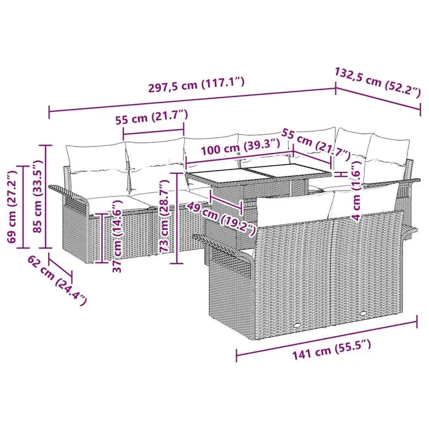 vidaXL Gartenmöbel-Set, 9-teilig, beige Poly Rattan, mit Maßen. Ideal für Terrasse und Garten.