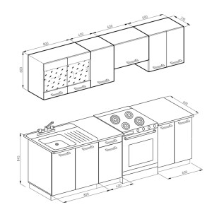 Skizze der Küchenzeile Vicco Raul 240 cm in Sonoma/Marmor mit Maßen.