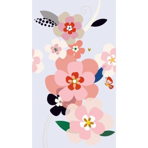 Fototapete mit Blumenmuster in Rosa, Flieder, Schwarz und Beige. Florale Vliestapete für Wohnräume.