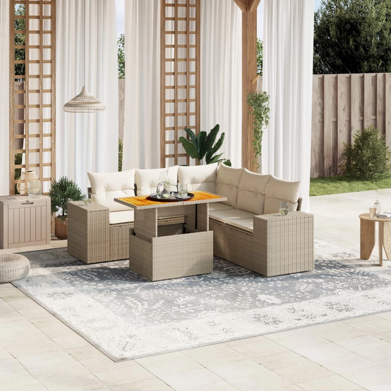 Beige 6-tlg. vidaXL Garten-Sofagarnitur aus Poly Rattan mit Tisch und Kissen.