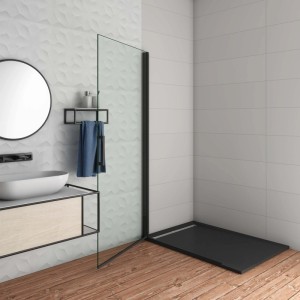 Schwarze Walk-In Duschwand 95x200cm aus Sicherheitsglas. Duschabtrennung mit klarem Glas.