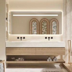 Modernes wandhängendes Doppelwaschbecken Set 140 cm Travertin Optik mit LED Spiegel, Holz-Unterschrank & Ablageboard.