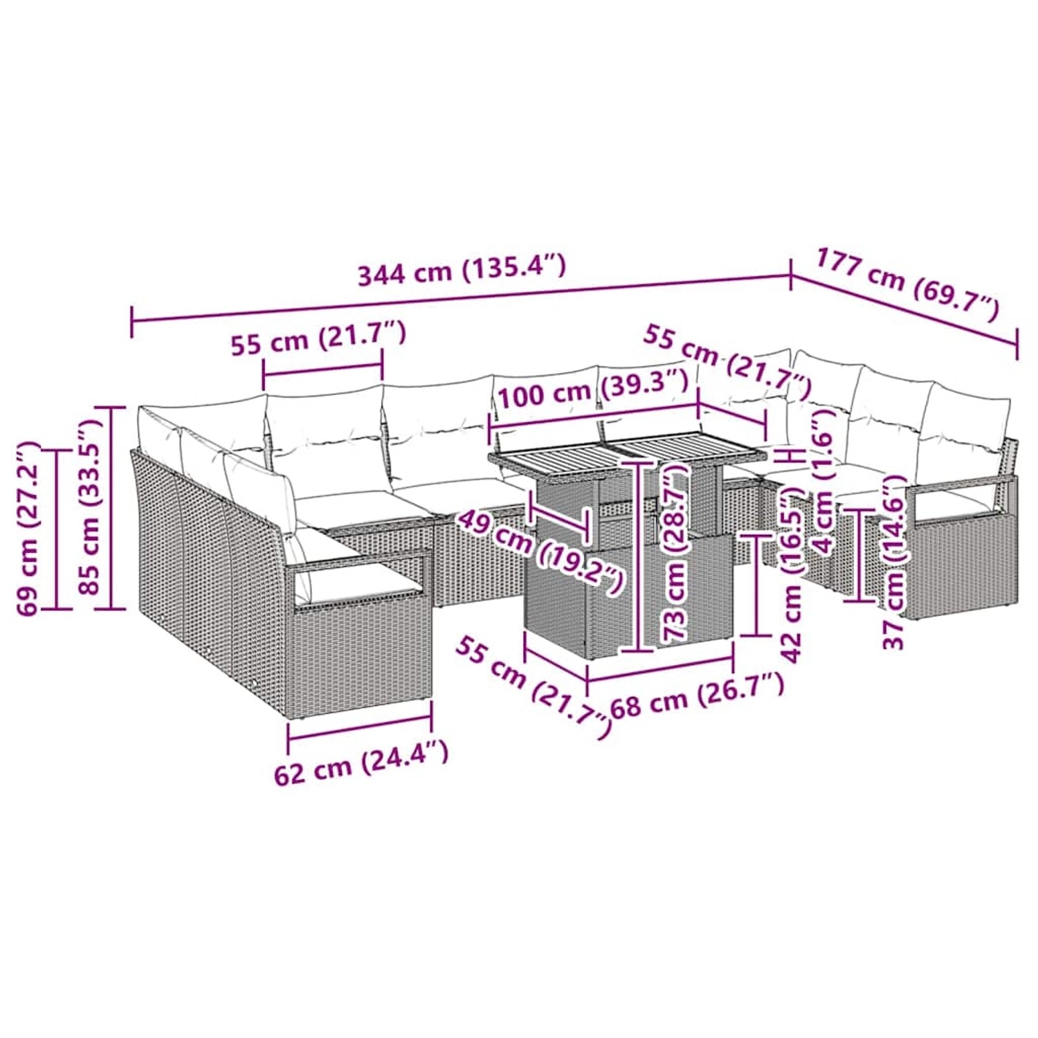 vidaXL Garten-Sofa-Set 11-tlg. Schwarz Poly Rattan mit Maßen für Planung.