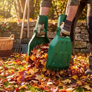 Person sammelt mit grünen Wiltec Laubgreifern aus Kunststoff bunte Herbstblätter. Praktische Laubsammler für den Garten.