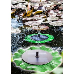 Heissner Solar-Teichpumpen-Set, schwimmende Solarinsel mit Seerosenblatt und Wasserspiel im Gartenteich.
