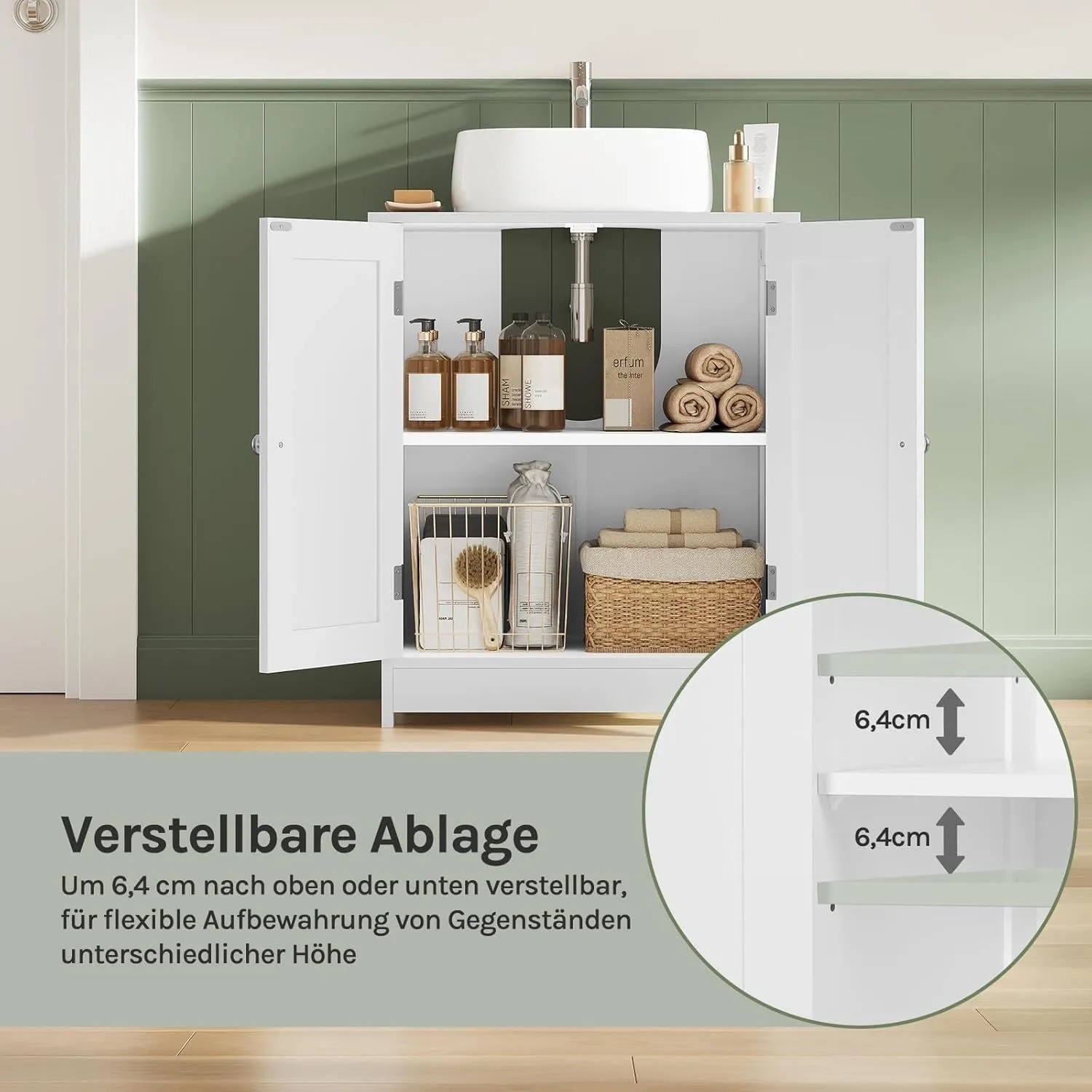 Weißer WOLTU Waschbeckenunterschrank mit offenem Schrank, verstellbarem Einlegeboden für flexiblen Stauraum im Bad. Detail 6,4 cm Verstellung.