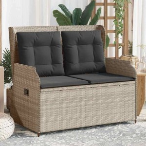 Hellgraue vidaXL Gartenbank aus Poly Rattan mit grauen Kissen für zwei Personen.