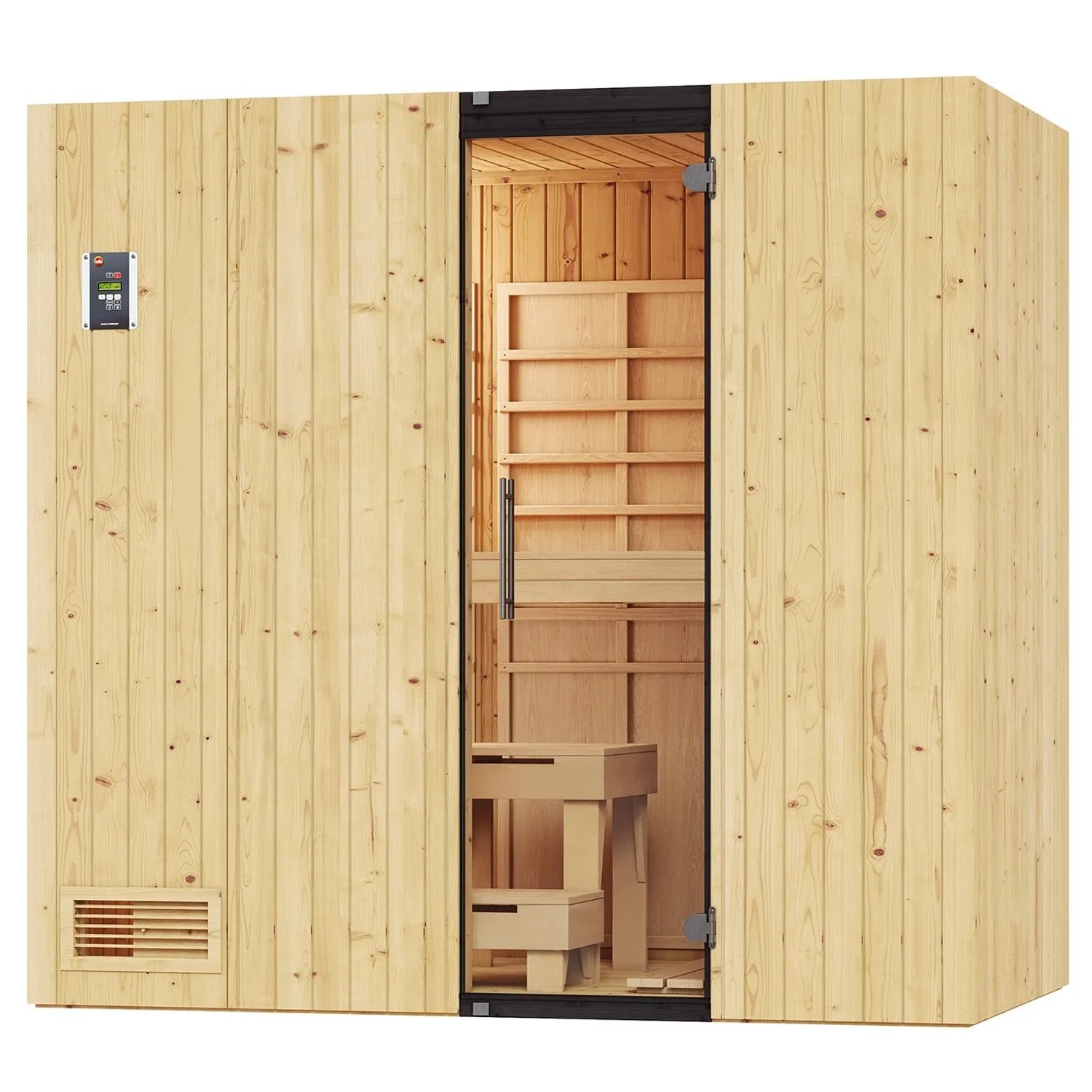 Weka Infrarotsauna Uppsala mit wekaTherm Flächenstrahler und BioS Saunaofen, helle Holzoptik.