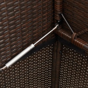 Detailaufnahme: Gasdruckfeder der braunen VidaXL Gartenbank aus Poly Rattan.