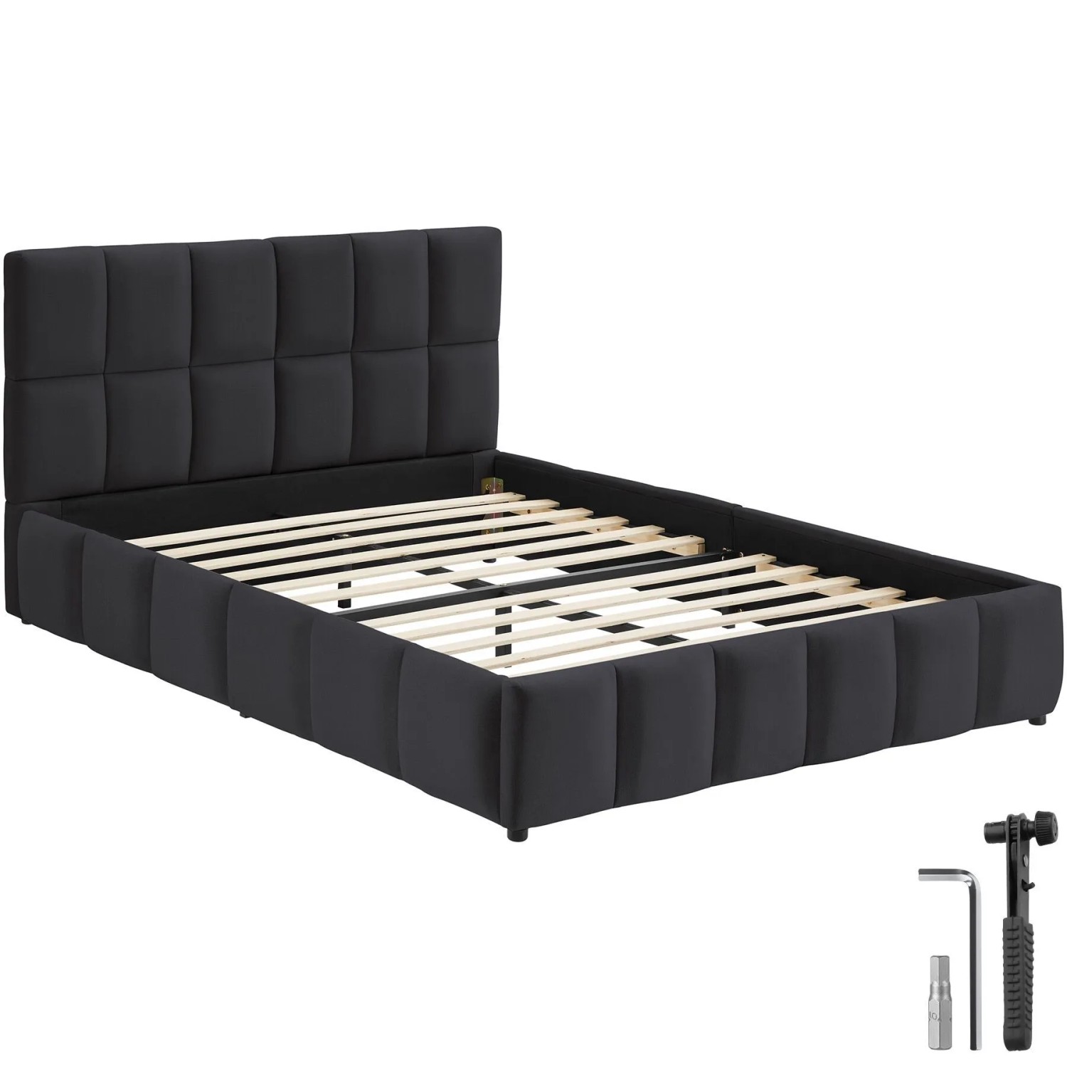 Tectake Polsterbett Shirley Samtbezug Mit Steppmuster Integrierter Lattenrost 140 x 200 cm 220 x 153 x 93 cm Samtoptik Schwarz
