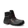 Schwarzer Elten Sicherheitsschnürstiefel Renzo XW Mid ESD S3, Größe 50, aus Leder mit rotem Schnürsenkel.