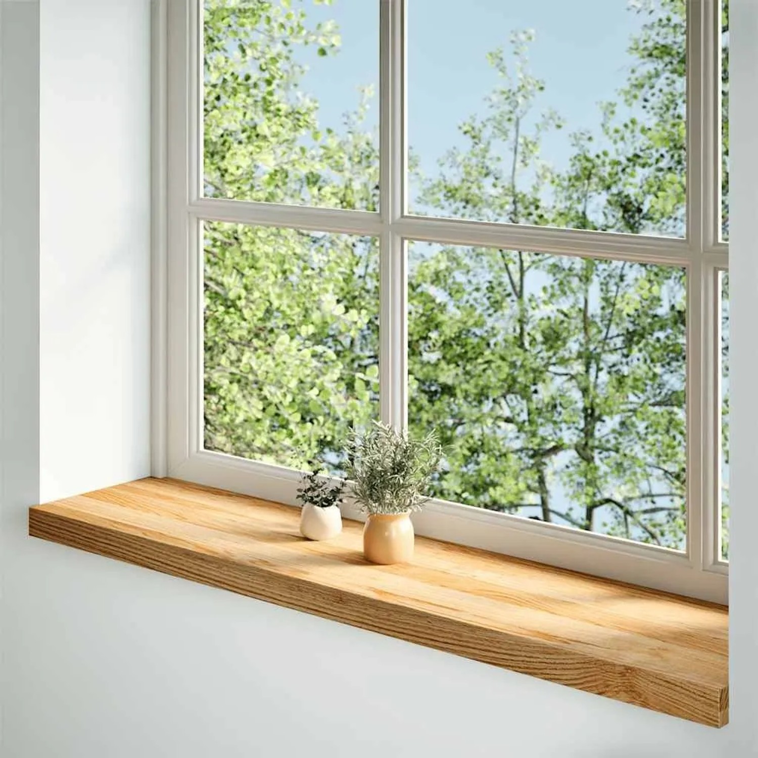 Helle Eichenholz-Fensterbank aus Massivholz mit sichtbarer Maserung, dekoriert mit Pflanzen am Fenster.