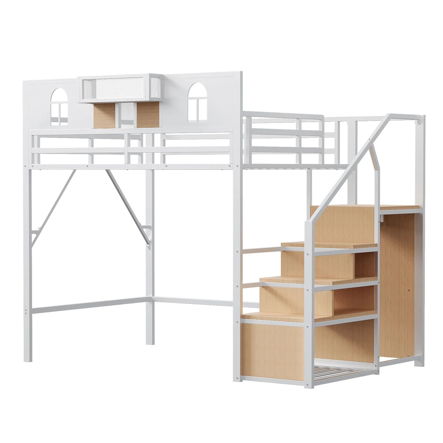 okwish Hochbett 140x200cm mit Stauraumleiter Fenster Jugendbett Weiß ohne Matratze