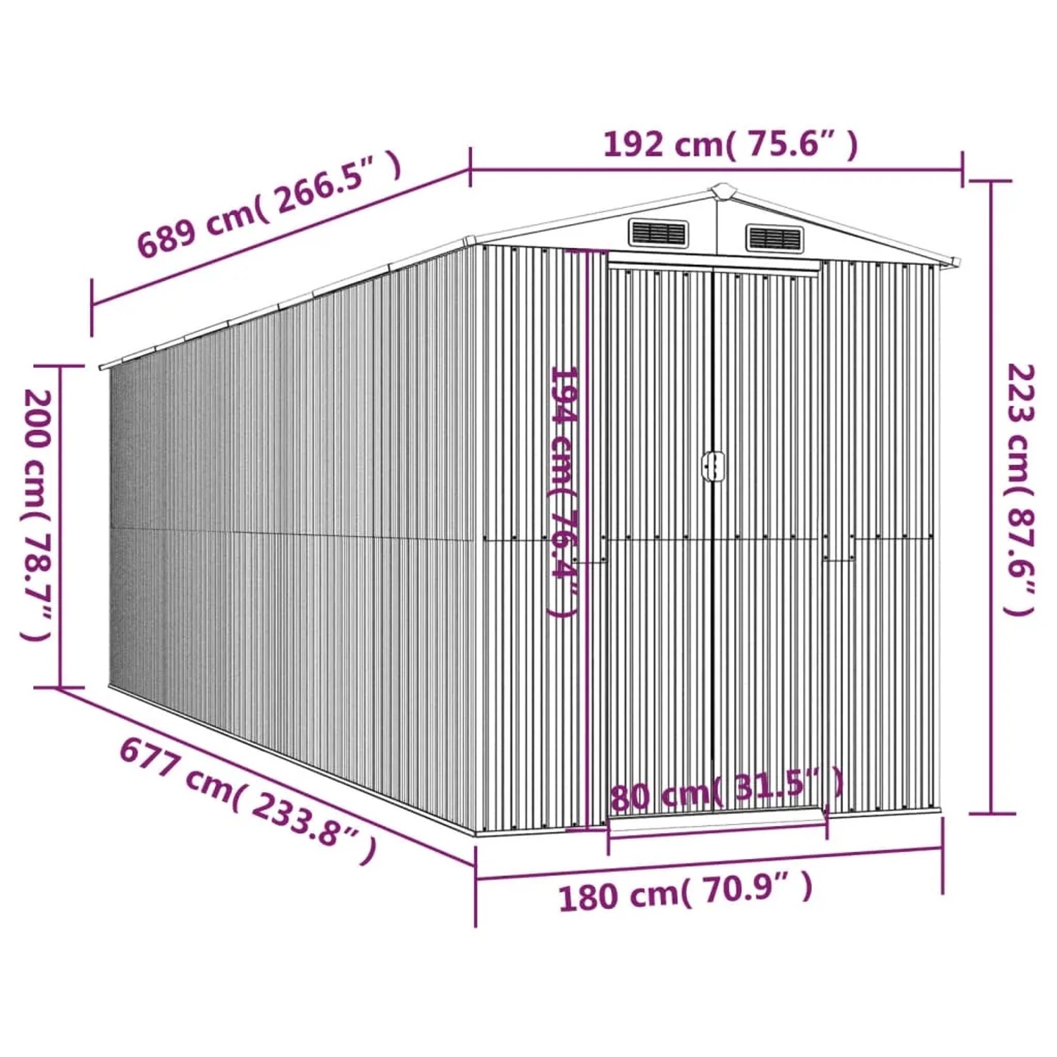 vidaXL Geräteschuppen, grün, 192x689x223 cm, aus verzinktem Stahl. Gartenhaus mit Doppeltür und Lüftung.