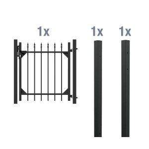 Metallzaun Einzeltor-Set Chaussee Schwarz zum Einbetonieren, bestehend aus Tor und zwei Pfosten.