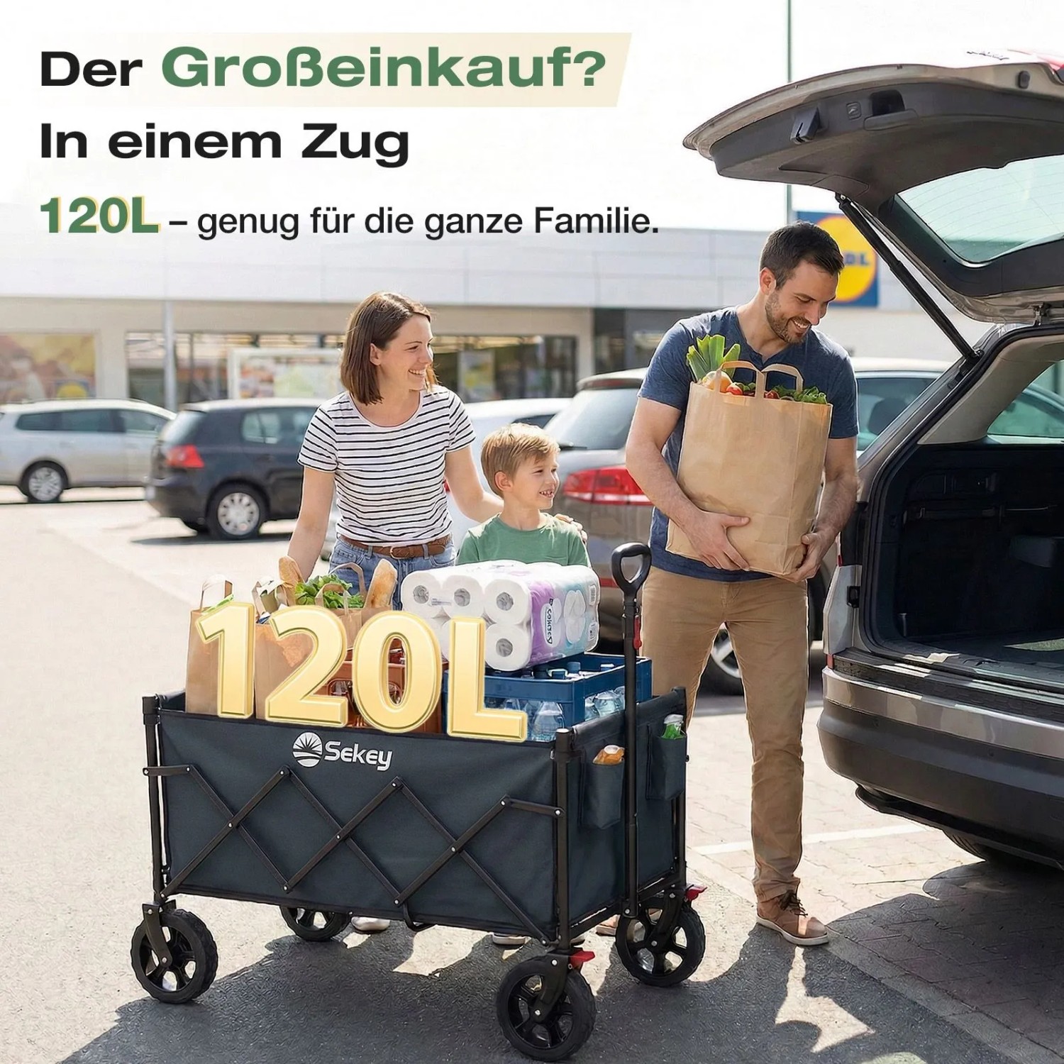 Sekey Bollerwagen, faltbar, grau, mit Familie beim Einkaufen. Ideal für Camping & Freizeit.