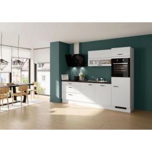Moderne Küchenzeile 270 cm in Space Grey mit dunkler Arbeitsplatte, Backofen, Kochfeld und Dunstabzugshaube in hellem Raum.