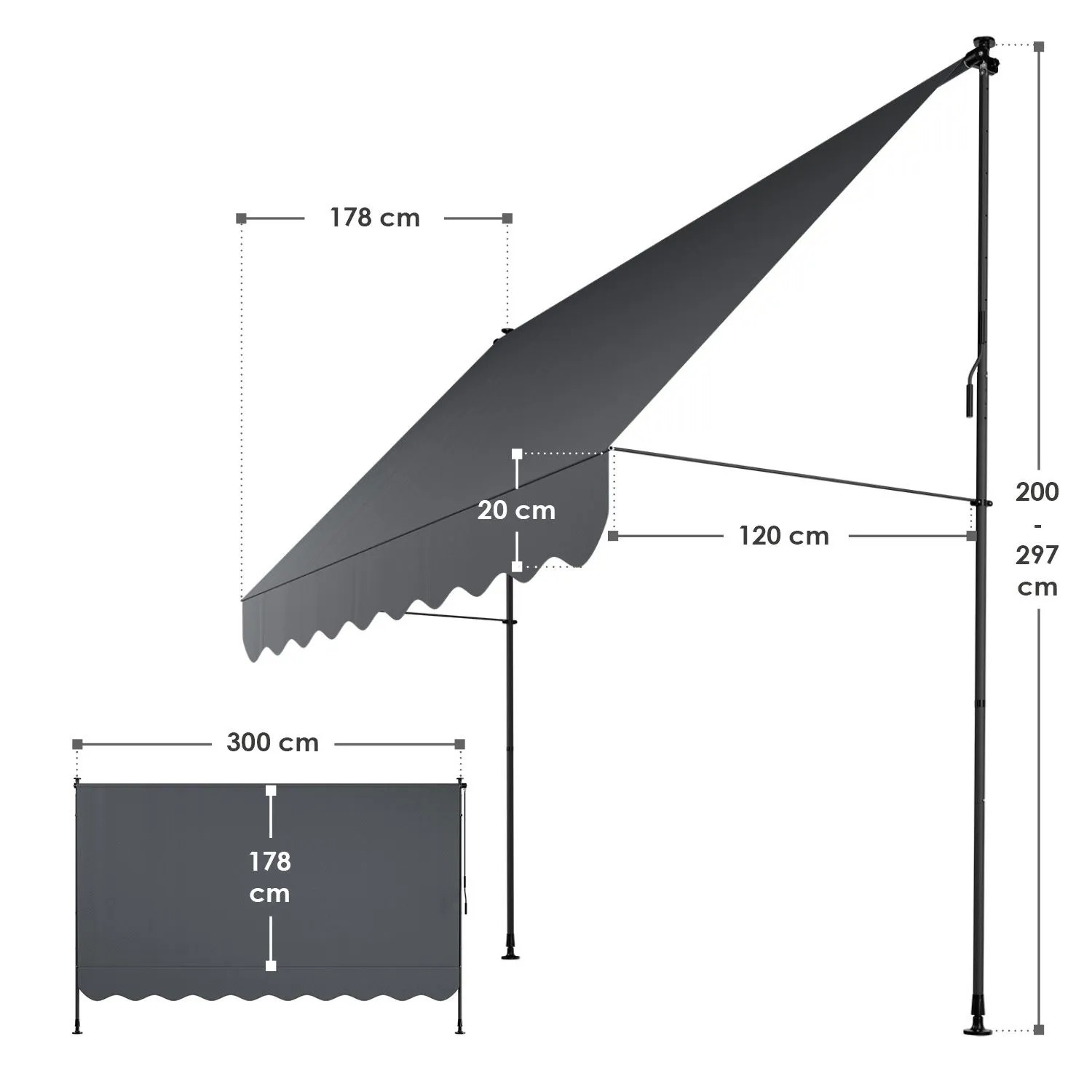 Abbildung der grauen Juskys Klemmmarkise Kapstadt 300x120 cm mit Maßangaben.