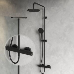 Schwarzes AM.PM Duschsystem mit Thermostat, Regendusche und Handbrause. Modernes Duschset aus Messing für Ihr Bad.