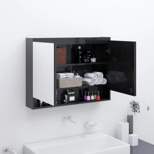 vidaXL Spiegelschrank, 80x15x60 cm, glänzend schwarz, mit offenen Fächern und Badutensilien.