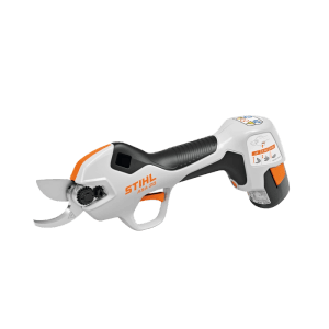 Stihl Akku-Astschere ASA 20 in Weiß-Orange-Grau. Ergonomisches Design für Baumpflege und Schneidarbeiten.