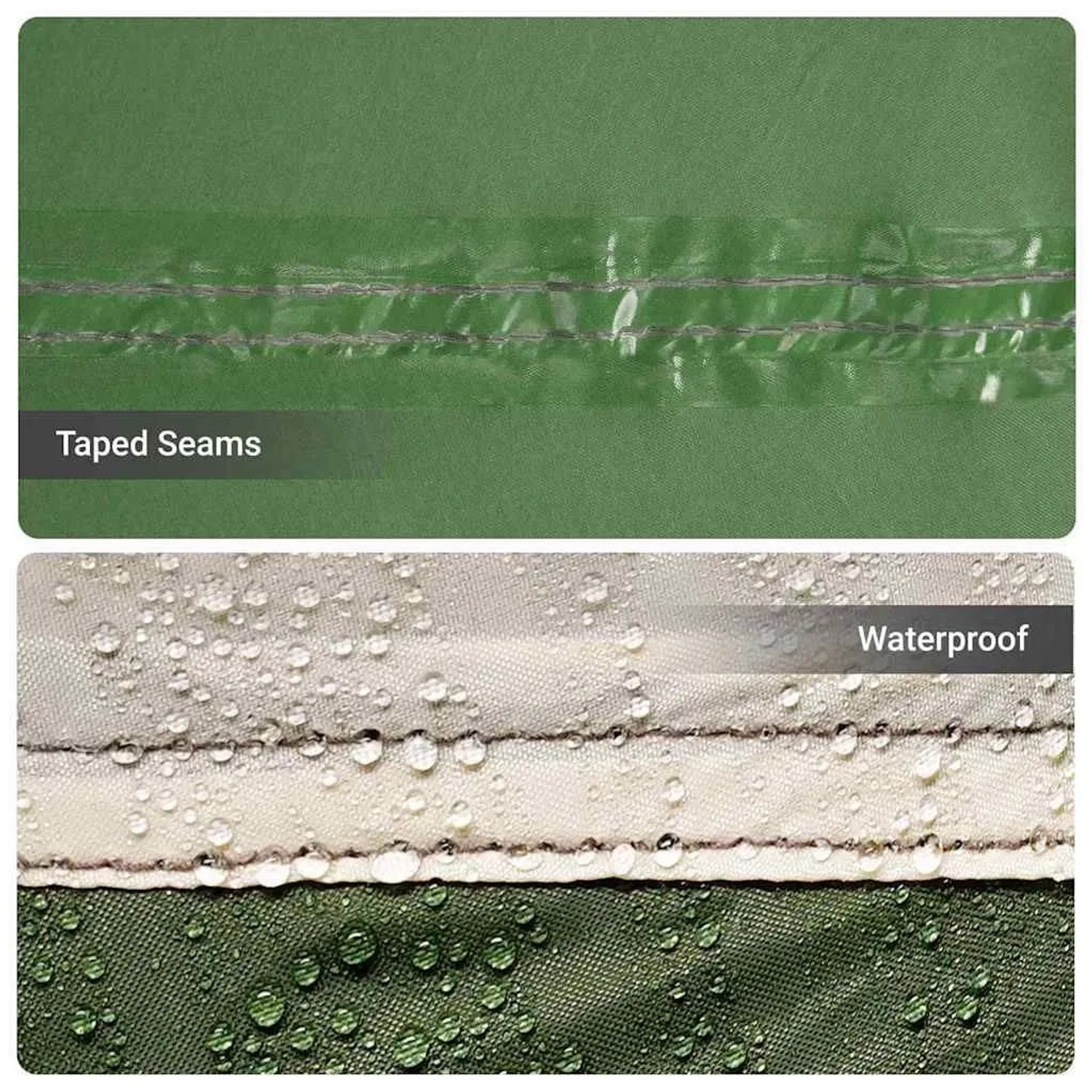 Nahaufnahme von grünem Polyester-Zeltmaterial mit versiegelten Nähten und Wassertropfen auf wasserabweisender Oberfläche.