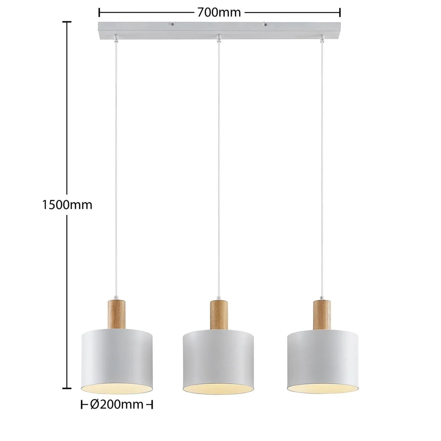 Moderne, weiße Lindby Pendelleuchte Kadir, 3-flammig, aus Metall und Holz für Wohnzimmer.