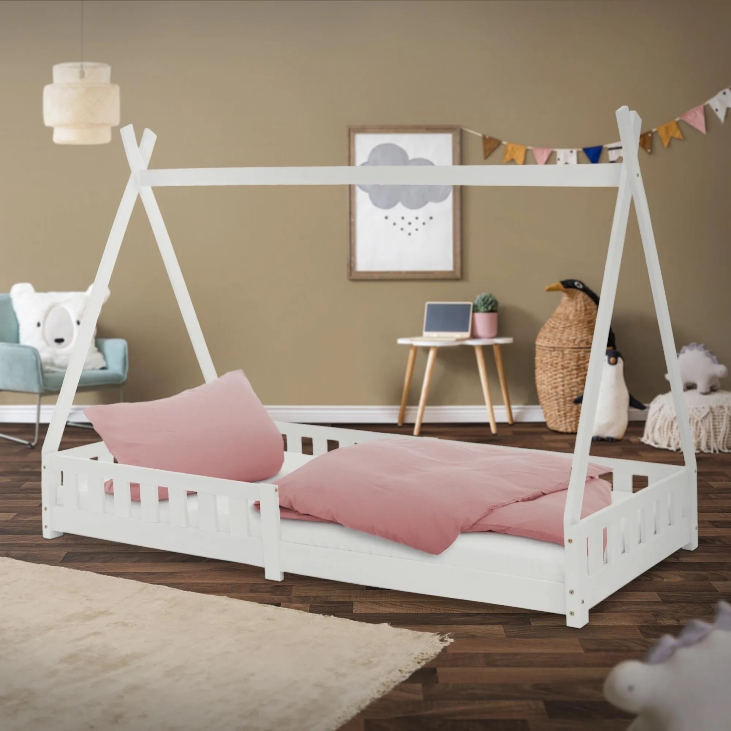 Weißes ML-Design Kinderbett Tipi 90x200 mit Rausfallschutz und Lattenrost.