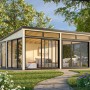 Hellbraunes Palmako Holz-Gartenhaus mit Pultdach und großen Glasfronten im Garten.
