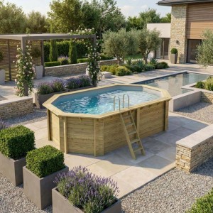 ALTANKA Holzpool Nemo 5,79x3,49 Höhe 1,45 m GRAU mit Liegefläche mit am Beton Verschraubten Stützen BAS7304OSPL2+PLA304