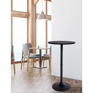 Runder schwarzer Stehtisch Ø 60 cm mit Holzplatte und Metallgestell in modernem Café. Ideal als Bartisch.