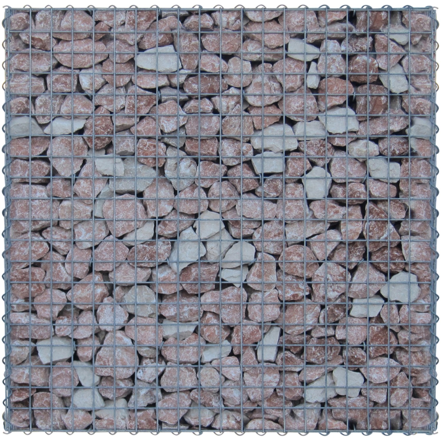 Gabiona Gabionenkorb 30x30x30 cm, gefüllt mit rötlichen und hellen Steinen, Maschenweite 5x5 cm.
