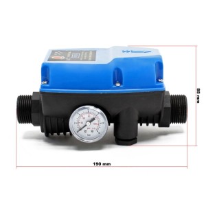 Wiltec Druckschalter EPC-4 für Hauswasserwerk, 230V, 1-phasig, mit Manometer und Abmessungen.