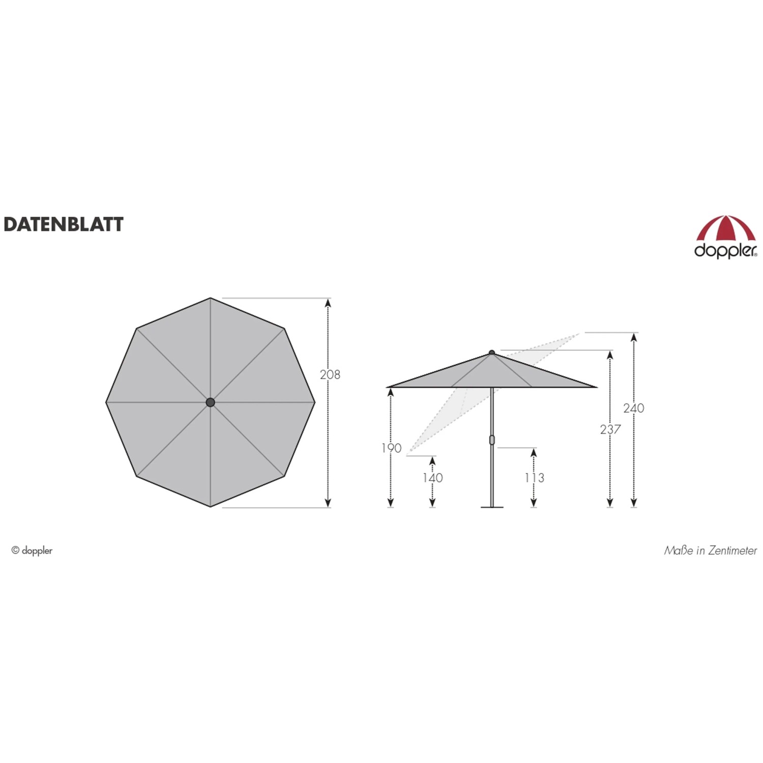 Technische Zeichnung Doppler Marktschirm Ø 208 cm, Anthrazit, mit Maßen und Details.