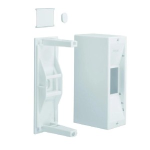 Weißer Hager Mini-Schaltschrank Gamma GD102N, 2 Platzeinheiten, als Aufputzverteiler, zerlegt mit Gehäuse und Montageplatte.
