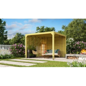 Naturbelassener CHILLROI Pavillon Promjna aus Leimholz (320x320cm) im Garten mit Möbeln.