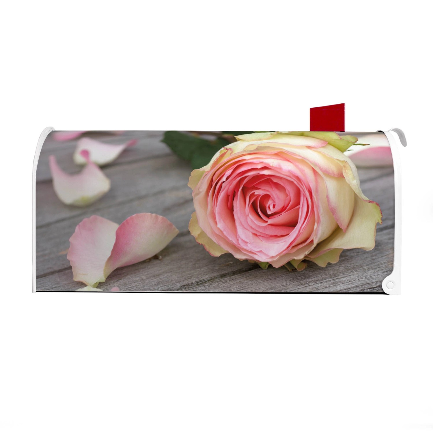 Weißer Banjado US Briefkasten mit Rosen Motiv. Amerikanischer Postkasten mit roter Fahne.