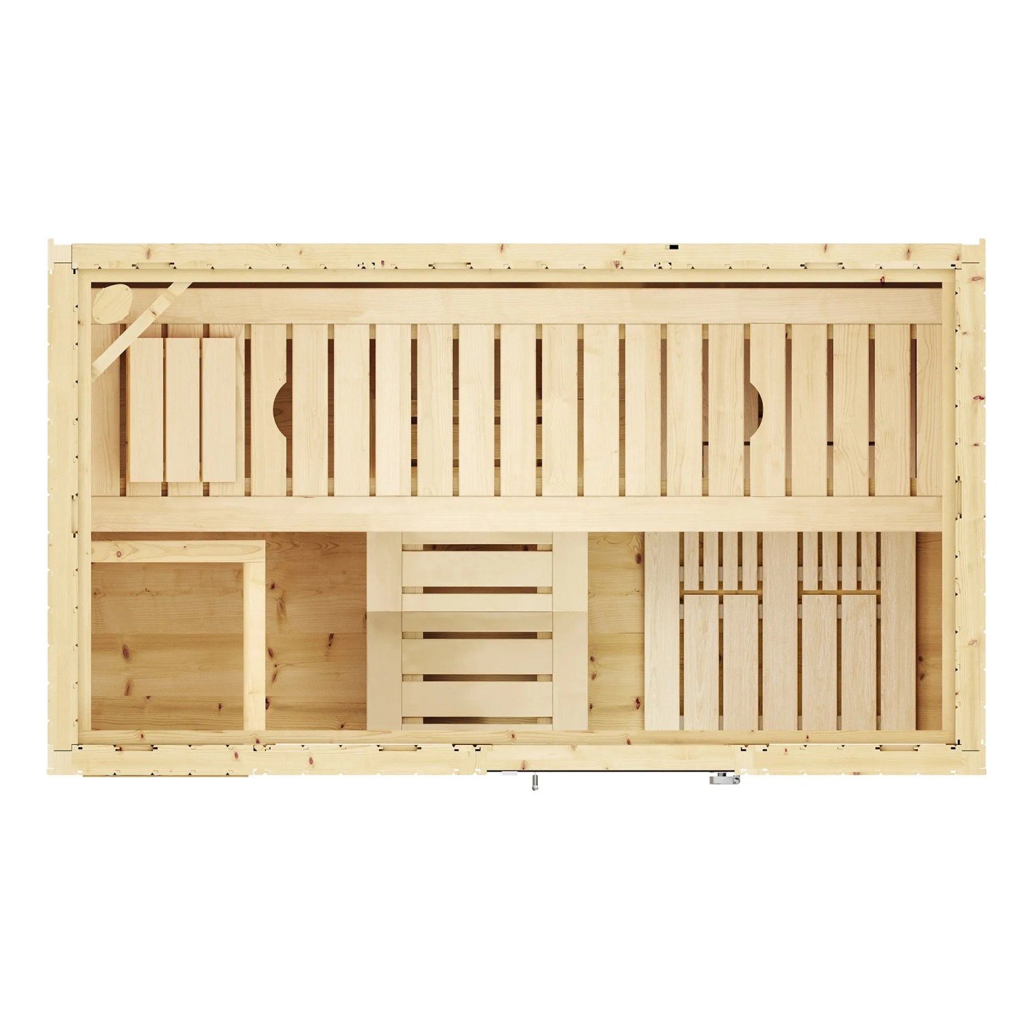 Innenansicht der Weka Infrarotsauna Uppsala mit Liege, Ofen und wekaTherm-Flächenstrahler Sparset.