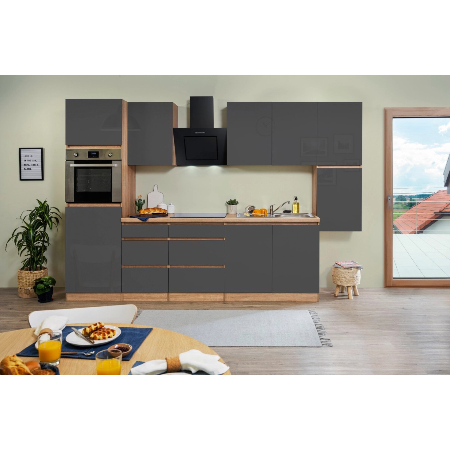 Respekta Küchenzeile/Küchenblock ohne E-Geräte 320 cm Grifflos Grau Hochglanz-Eiche Sägerau