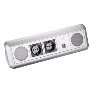 Silberne SOTECH Bluetooth Soundbox TOBO mit zwei Steckdosen, USB-Ports und Stereo-Lautsprechern für Büro.