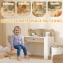 AIYAPLAY Kinderschreibtisch Set mit Schublade, Naturholz/Weiß, mit Kind auf Stuhl.