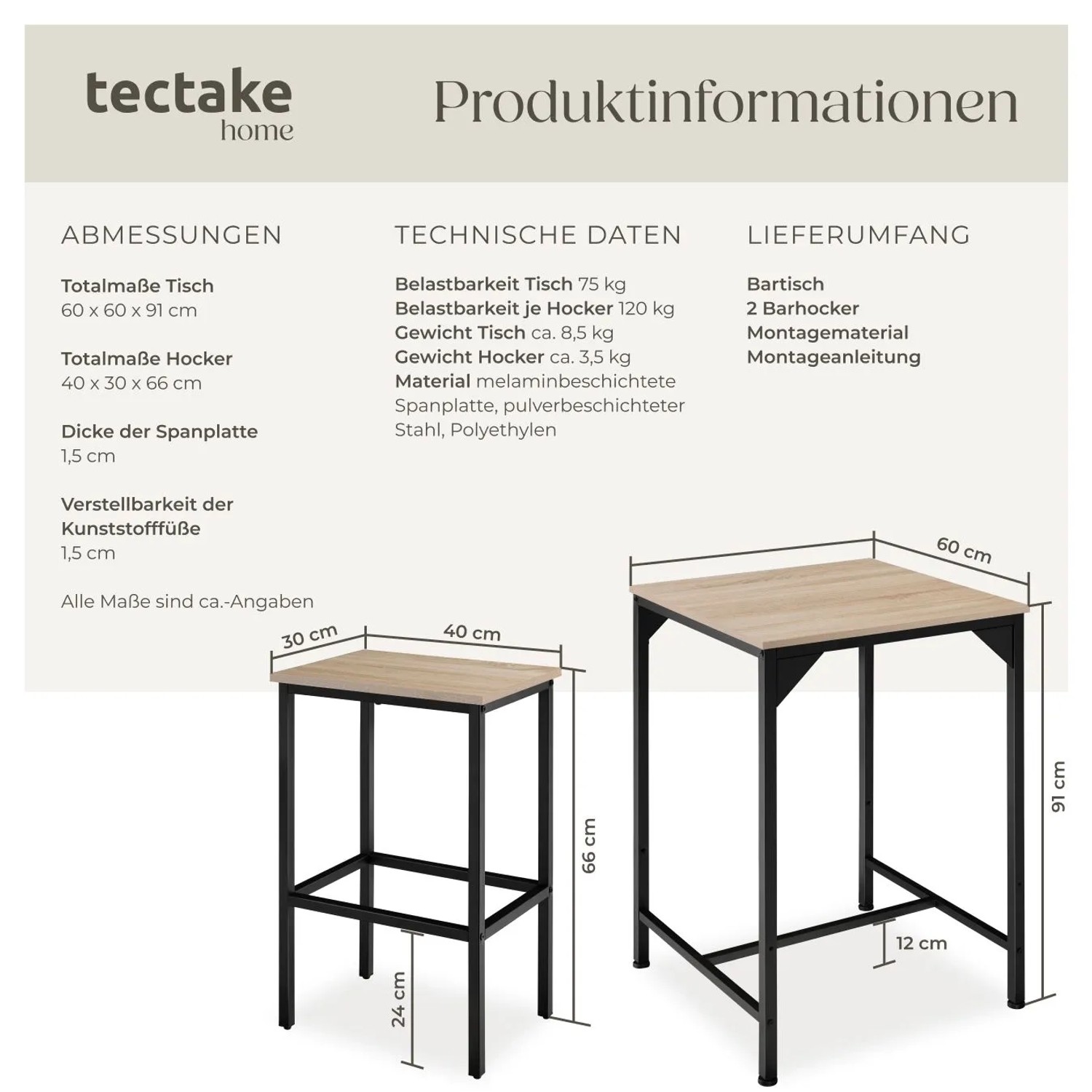 Tectake Barset Inverness 3 Teilig Tisch Mit 2 Hockern 120 x 60 x 91 cm Industrial Holz Hell Eiche Sonoma_6