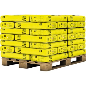 Palette Sakret Quarzsand, 42 Säcke à 25 kg, gelbe Säcke auf Holzpalette.