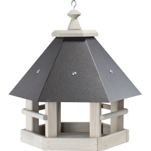 Graues Vogelhaus mit Metalldach und Kiefernholz für Wildvögel im Garten oder auf dem Balkon.