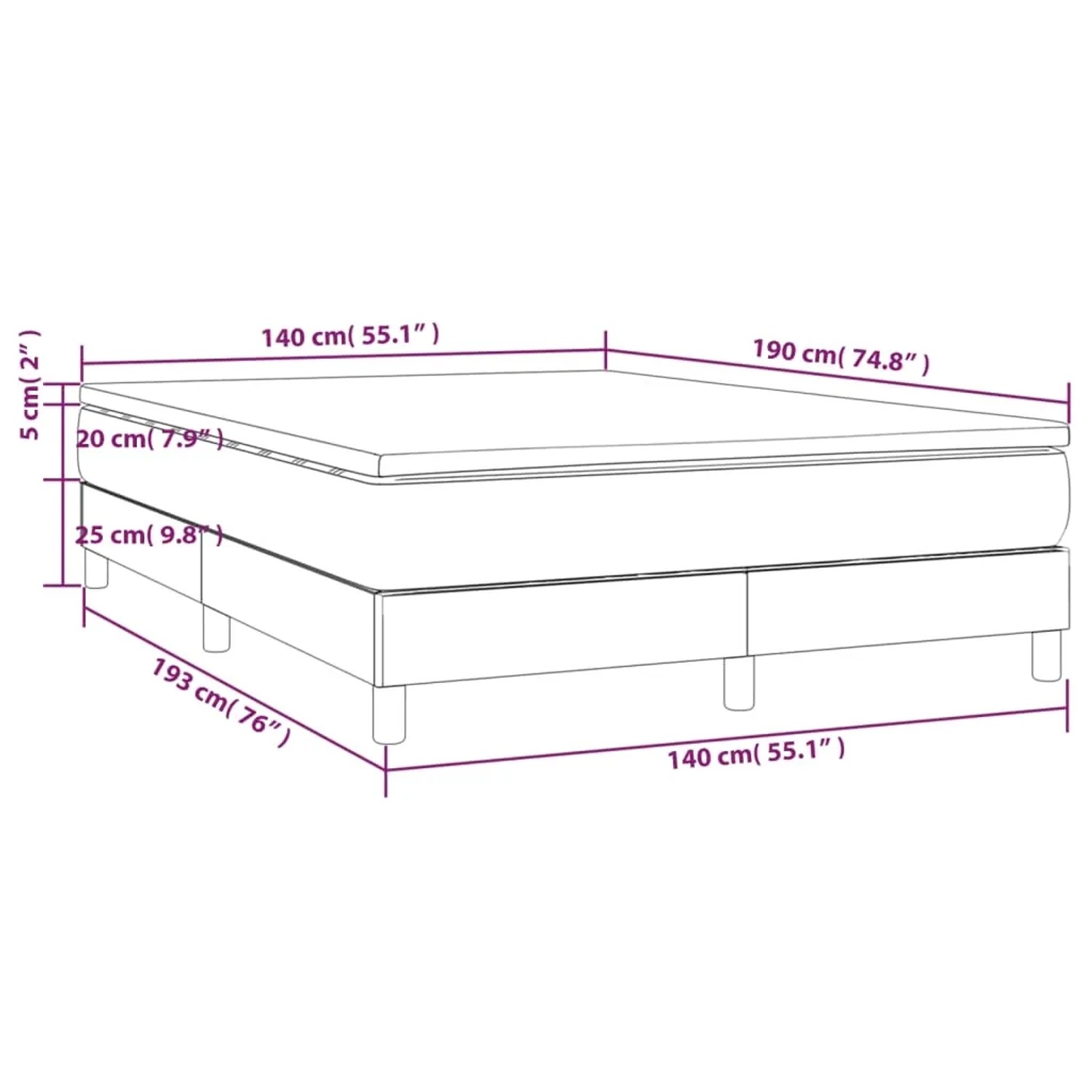 vidaXL Boxspringbett dunkelgrau (140x190 cm) mit Matratze und Topper. Bettgestell mit Füßen und Maßangaben.